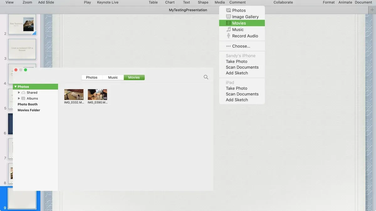 How to embed a video in Keynote shown on a laptop screen during presentation preparation