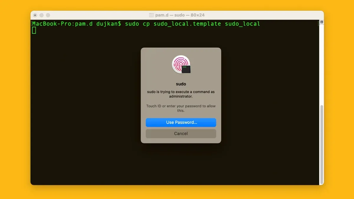 Mac Terminal showing sudo command with Touch ID enabled for authentication