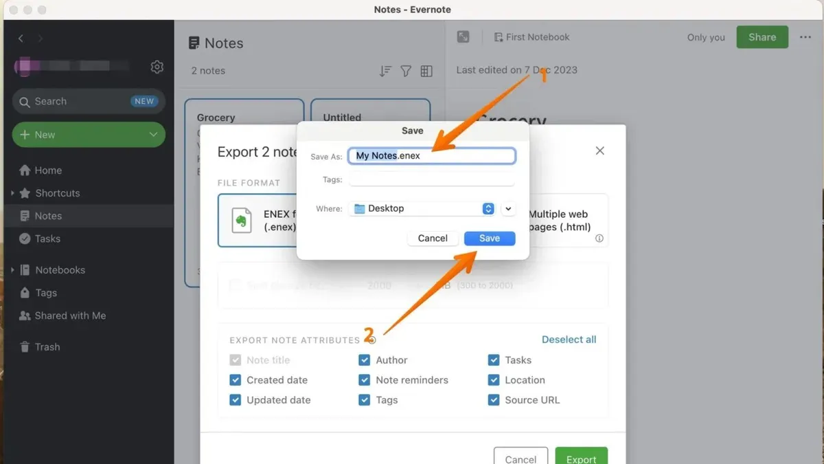 Person exporting all notes in Notes app on smartphone and laptop