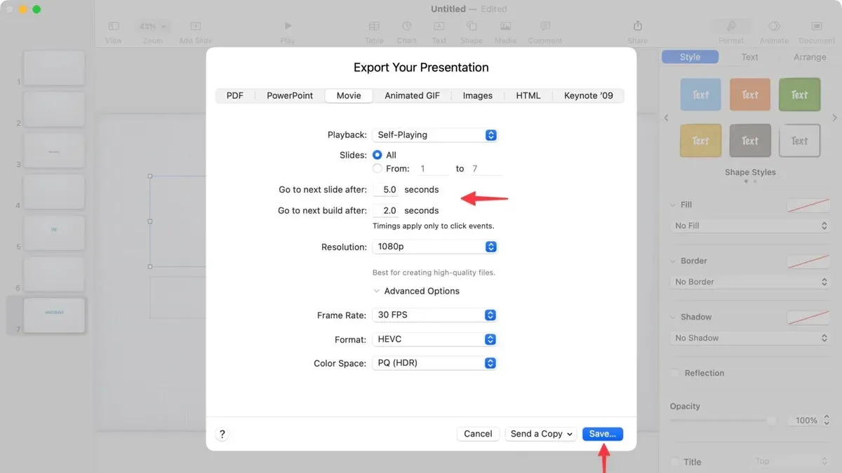 Person exporting a presentation as video in Keynote on a Mac laptop