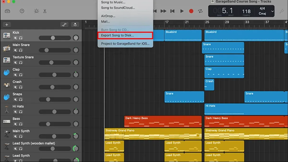 Exporting a song as MP3 in GarageBand on a Mac laptop screen
