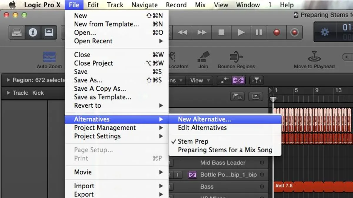 Logic Pro screen showing how to export stems in Logic Pro during music production