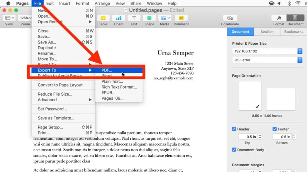 How to export to PDF in Pages shown on MacBook and iPad screens