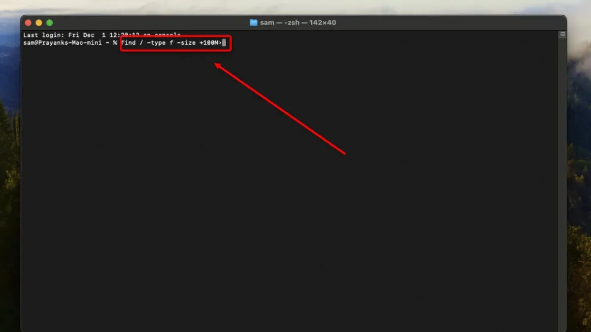Mac Terminal window showing commands to find large files on Mac