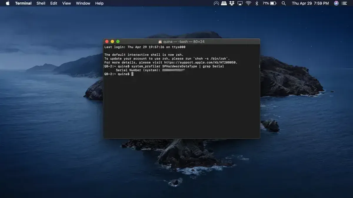 Mac Terminal window displaying commands to find Mac serial number