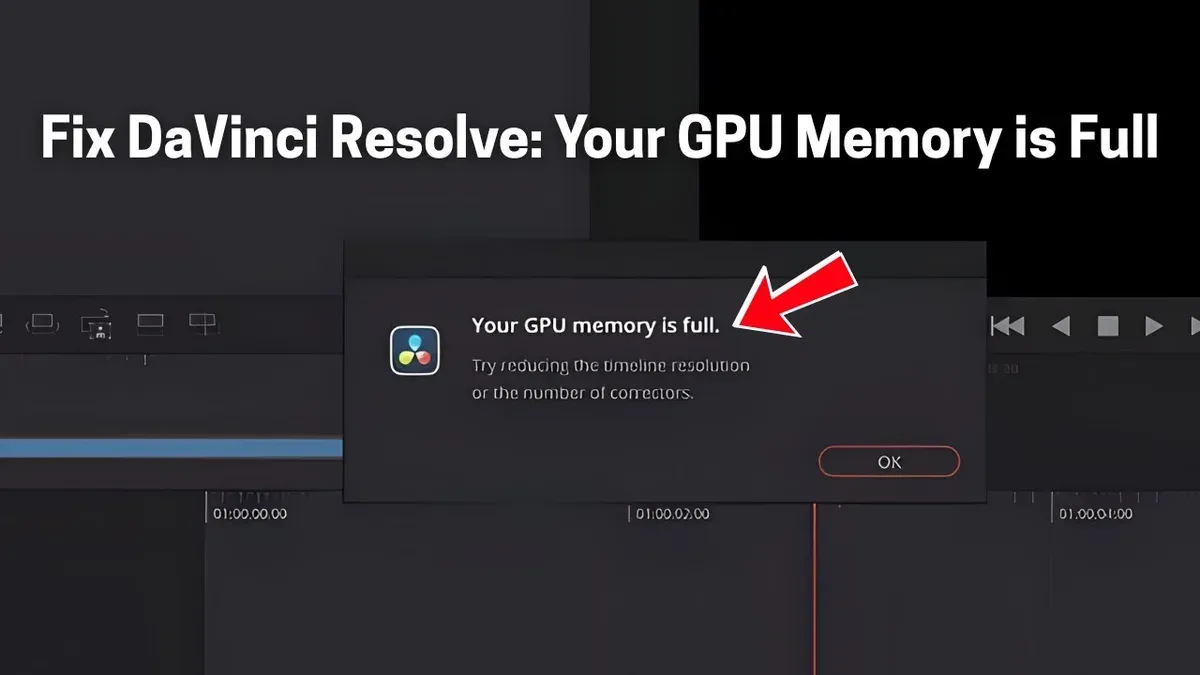 Mac screen displaying DaVinci Resolve GPU memory full error on Mac