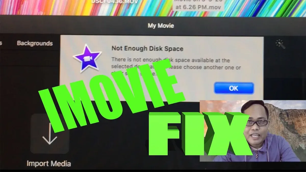 Screen showing how to fix not enough disk space error in iMovie on MacBook