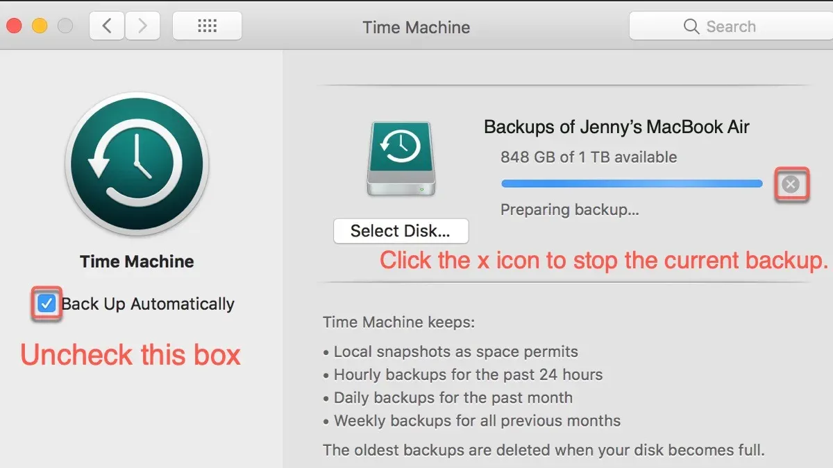 MacBook screen showing how to fix preparing backup stuck in Time Machine with external backup drive connected