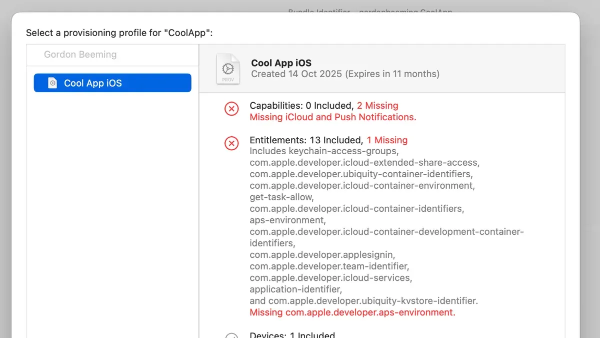 Developer fixing provisioning profile error in Xcode on laptop