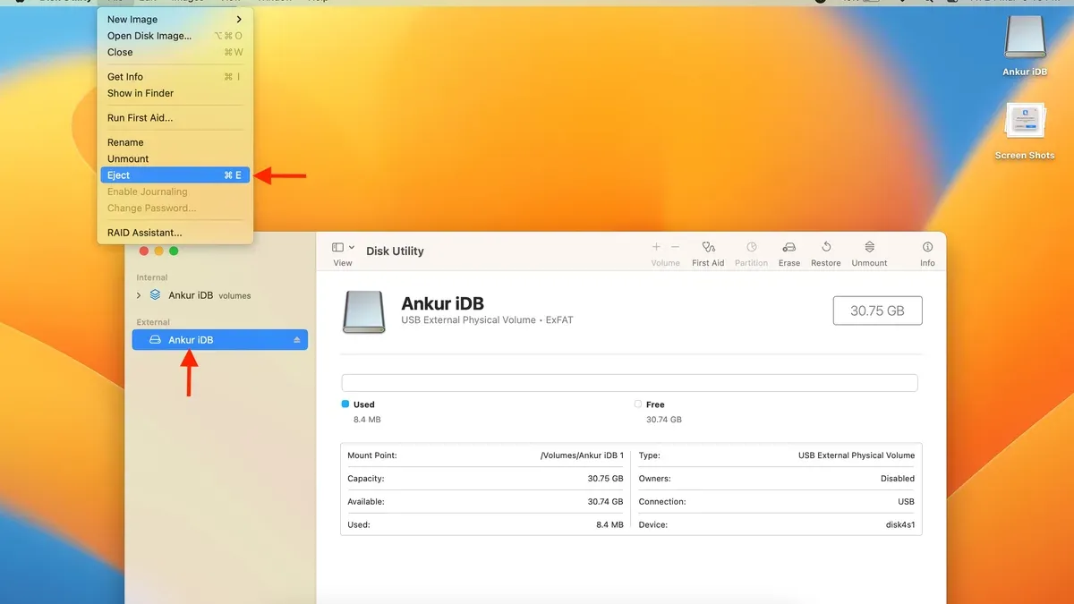 Screen showing how to force eject a disk in Disk Utility on a MacBook