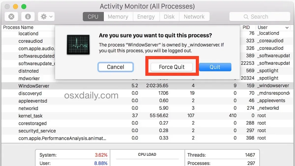 How to force kill a process in Activity Monitor on a MacBook screen