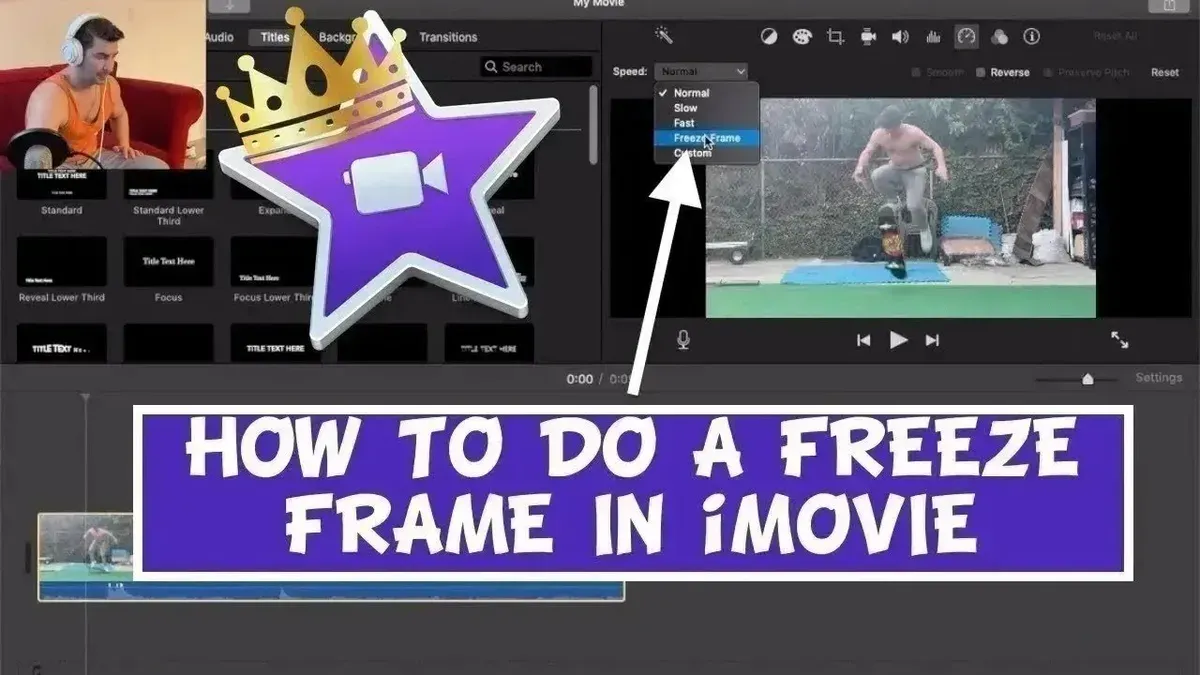 How to freeze a frame in iMovie displayed on a laptop and tablet screen