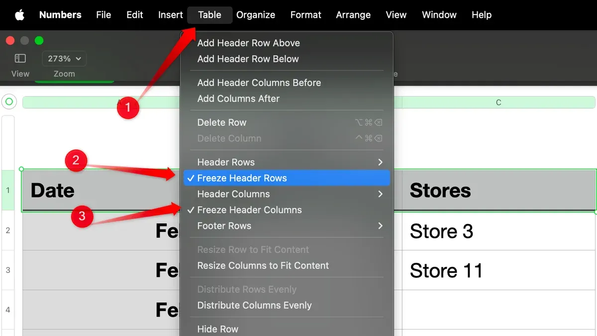 Screen showing how to freeze header rows in Numbers spreadsheet on Mac