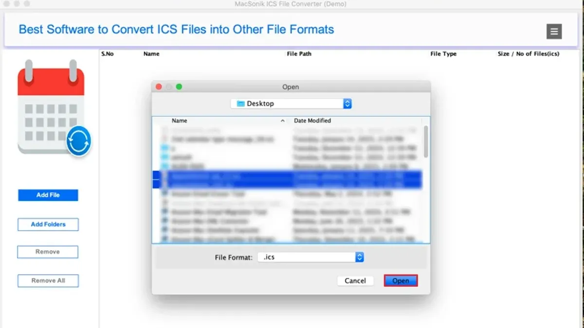 Mac screen showing how to open.ics file on Mac using calendar application