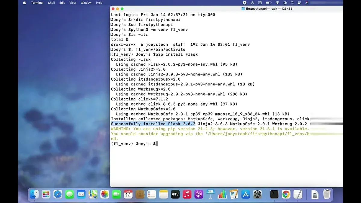 MacBook terminal window showing commands to install Flask on Mac