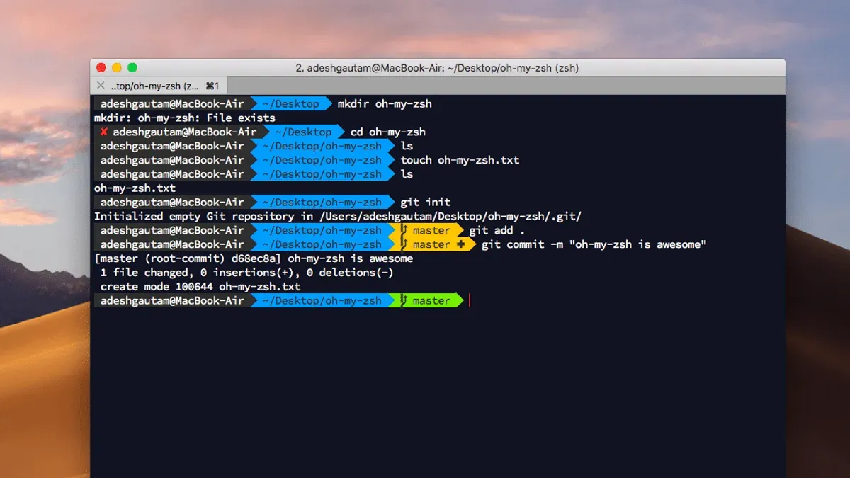 Mac Terminal running Oh My Zsh showing customized command prompt