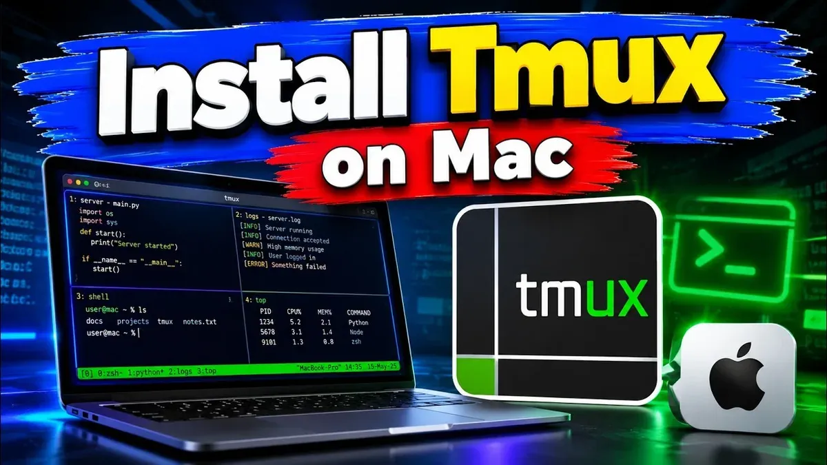 Mac laptop displaying terminal with tmux session active for how to install tmux on Mac