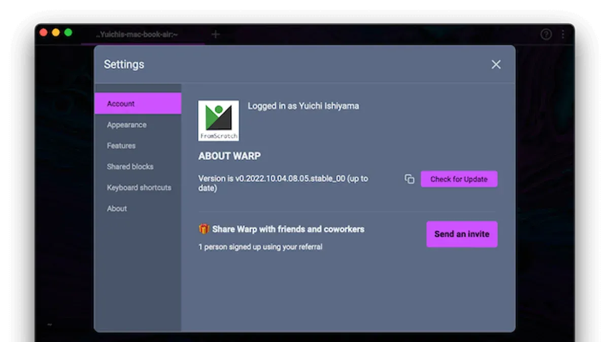 MacBook displaying Warp terminal on screen illustrating how to install Warp terminal on Mac