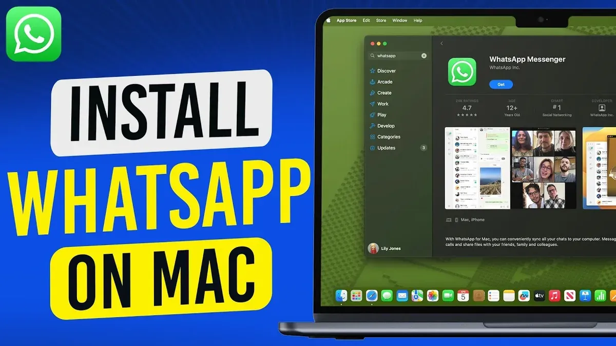 How to install WhatsApp on Mac shown on MacBook screen with installation process