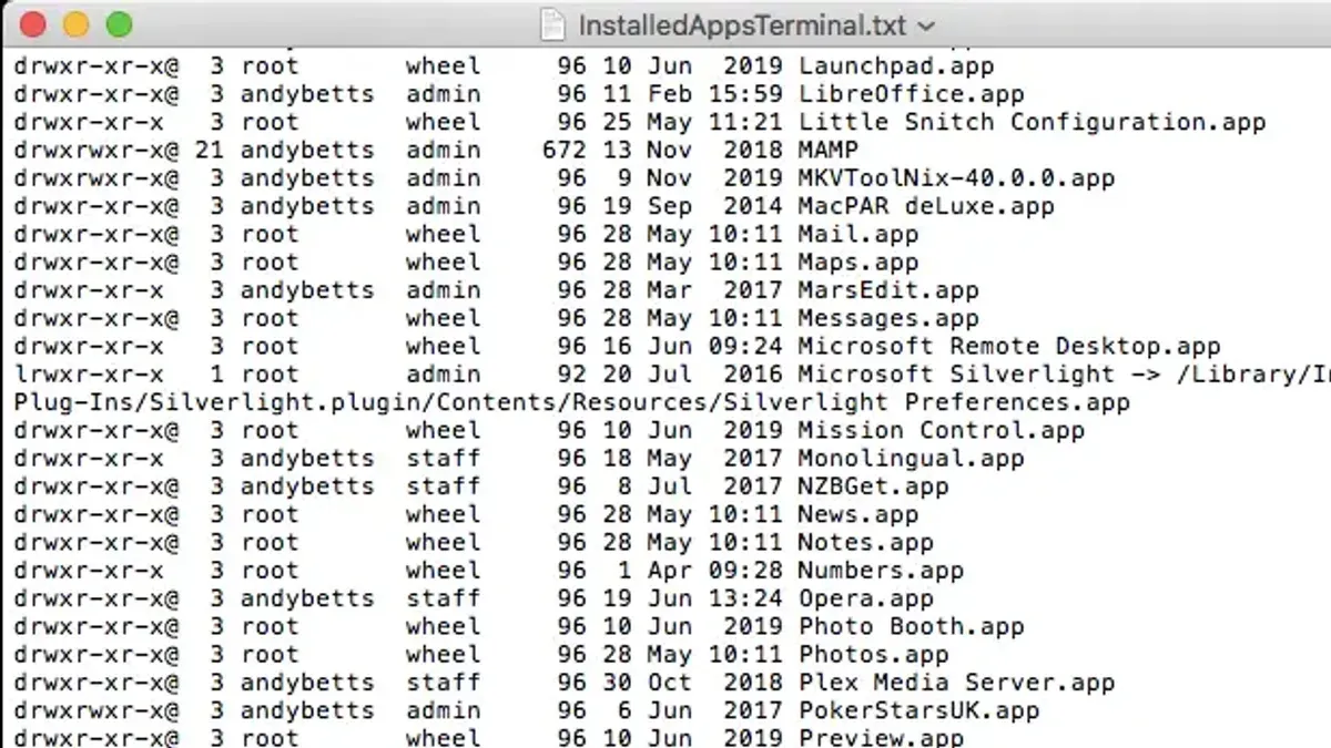 Mac Terminal displaying commands to list installed apps in Mac Terminal