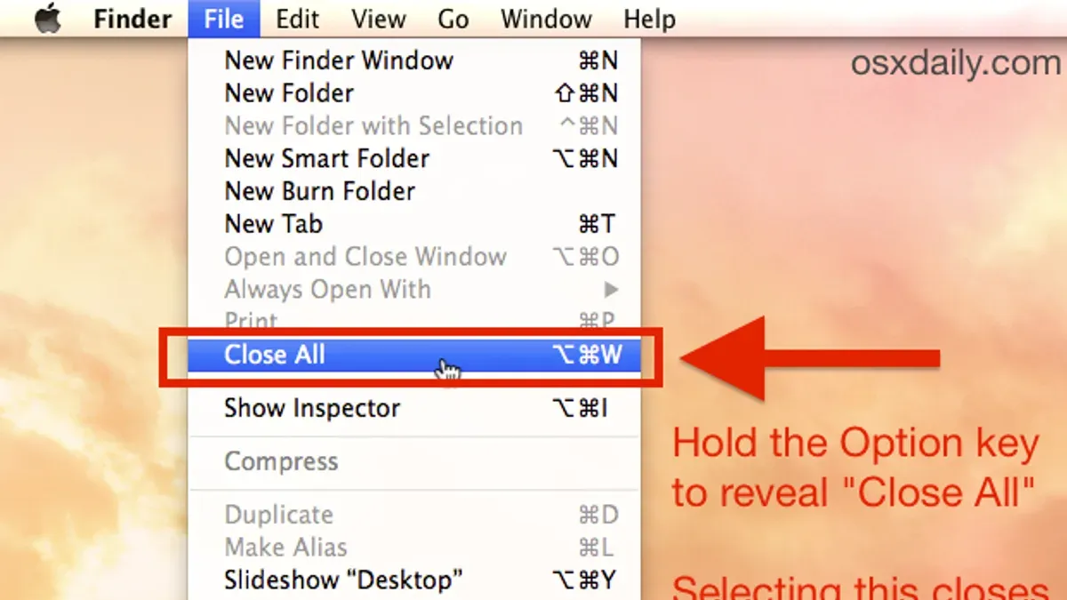 Mac keyboard shortcut to close all windows shown on a MacBook screen
