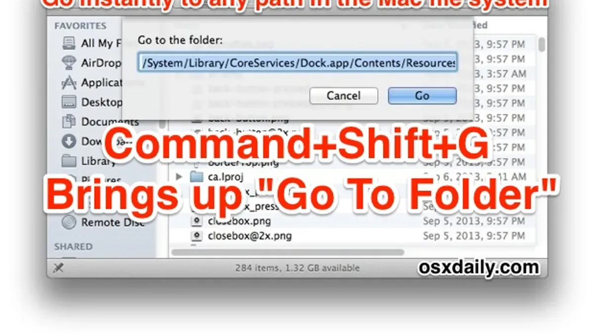 Mac keyboard shortcut to go to a folder path demonstrated on screen