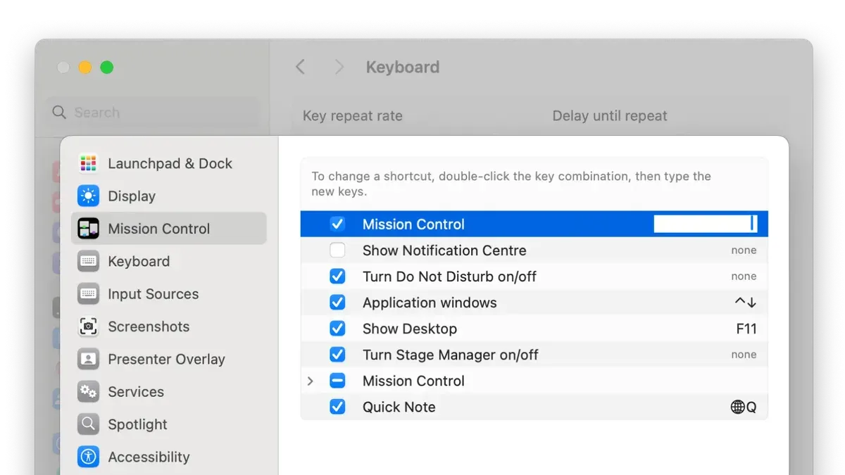 Mac keyboard shortcut to open Mission Control displayed on screen