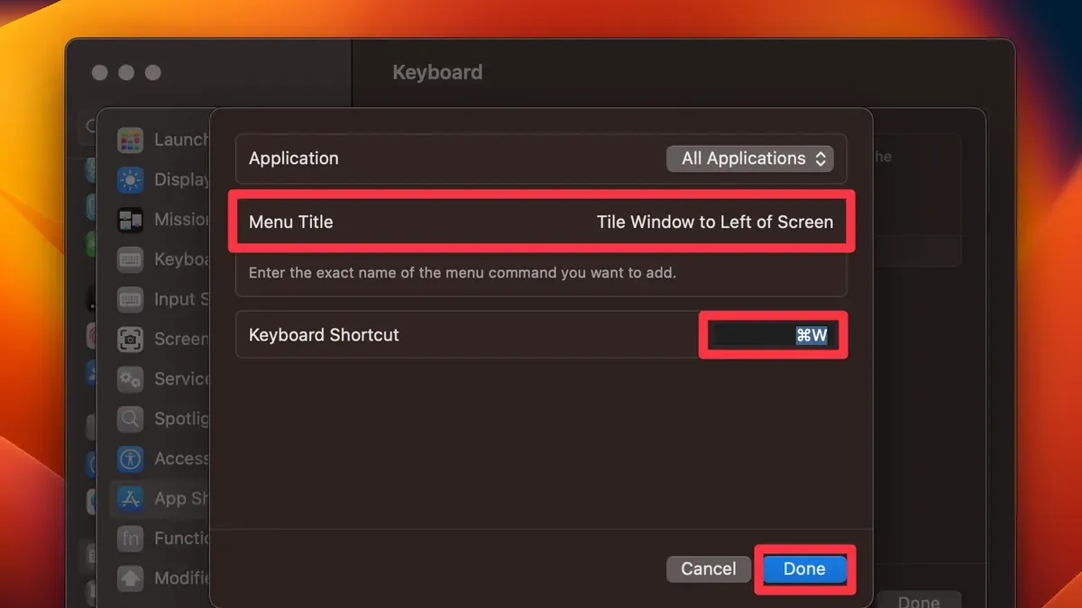 Mac keyboard shortcut to tile window left shown on screen with split view