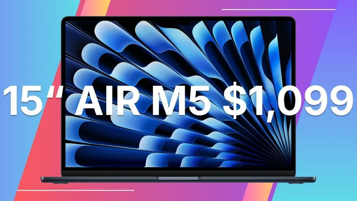 MacBook Air 15 inch M5 official price in USA displayed on screen next to keyboard