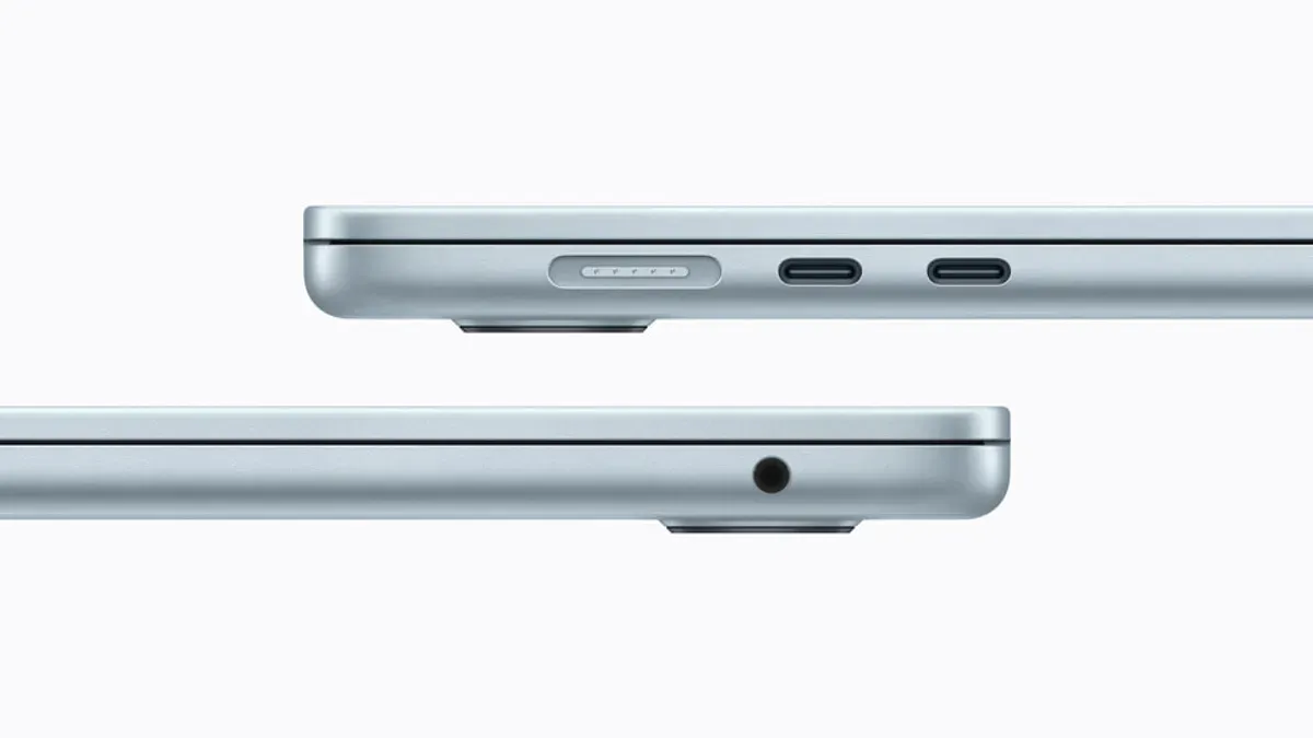 MacBook Air 15 inch M5 showing two USB-C ports with connected devices