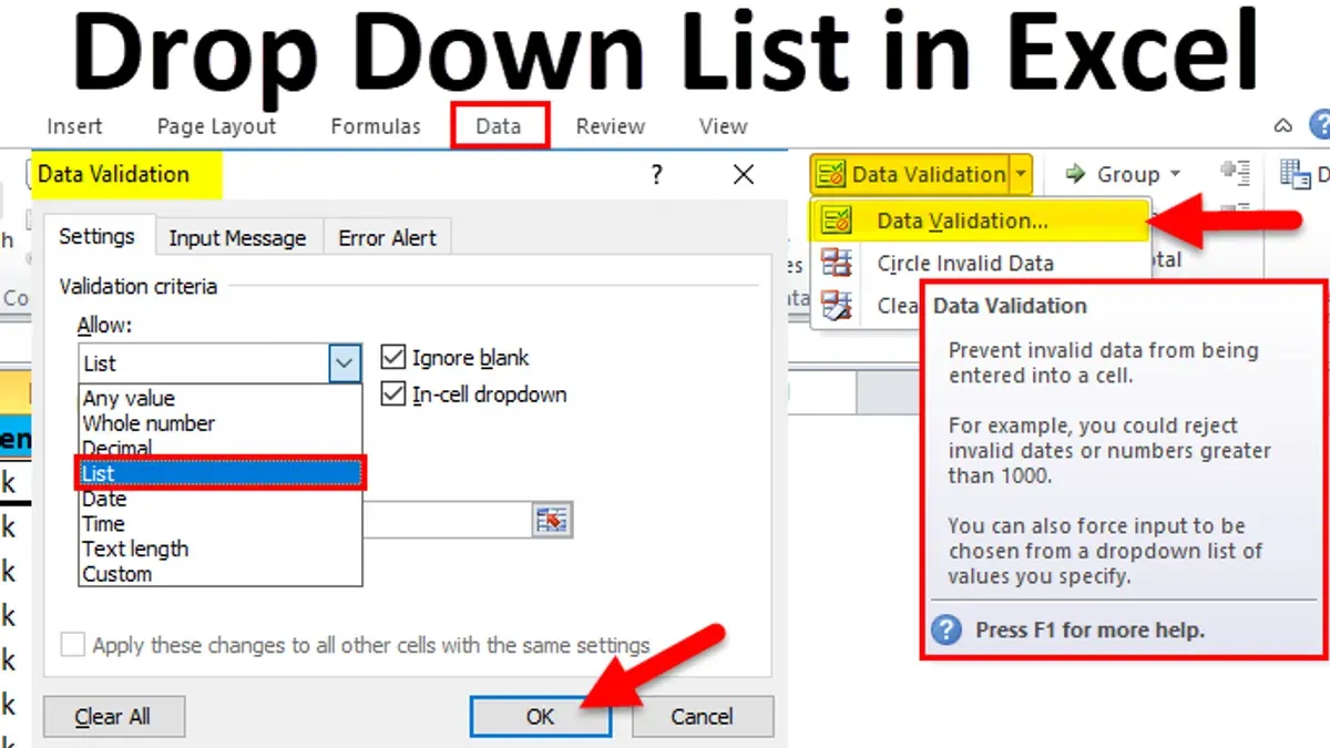 Creating a dropdown list in Excel on Mac showing the data validation menu