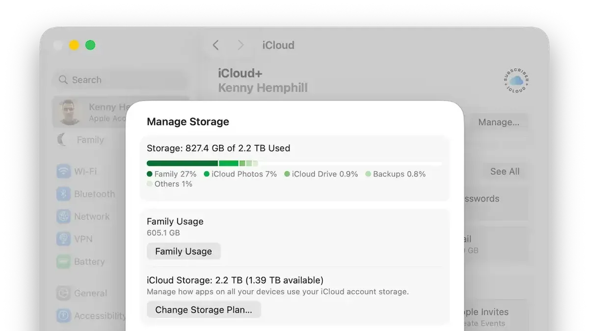 User managing iCloud storage on Mac screen showing storage details and management options