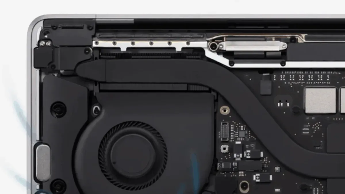 MacBook Pro M1 Pro fan noise visible through cooling vents during use