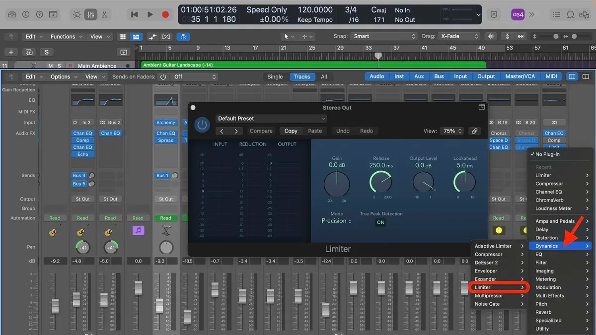 Music producer mastering a song in Logic Pro on a computer screen