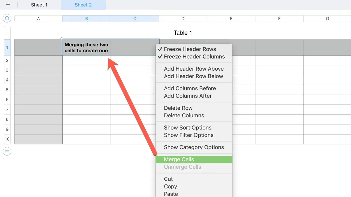 How to merge cells in Numbers shown on a MacBook screen with a spreadsheet open