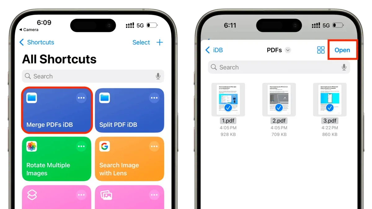 Person merging PDFs with a shortcut in Shortcuts app on iPhone screen