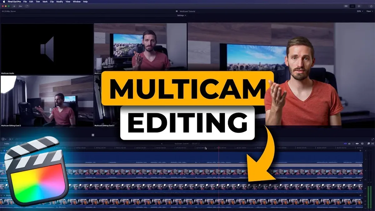 Video editor performing multicam editing in Final Cut Pro with multiple camera angles on screen