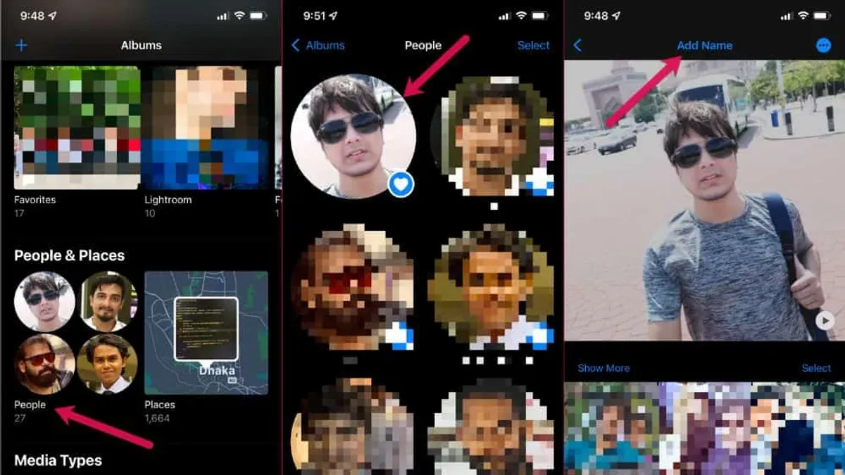 User naming faces in People album in Photos app on smartphone
