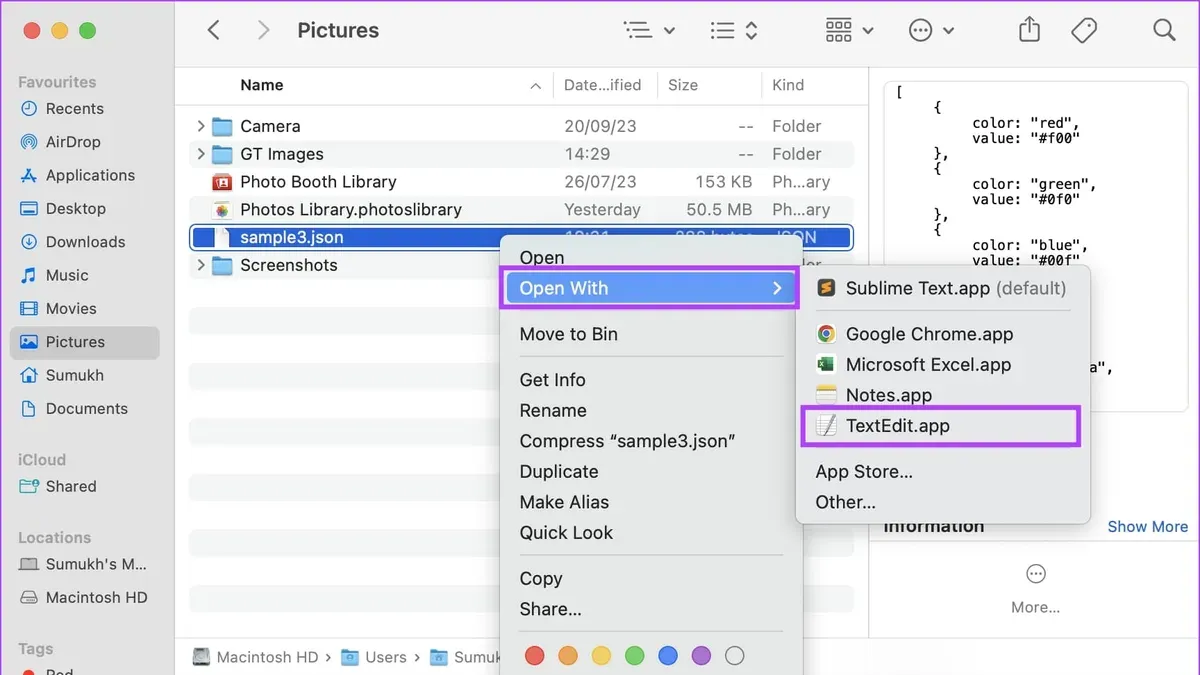 MacBook showing how to open a.json file on Mac with text editor