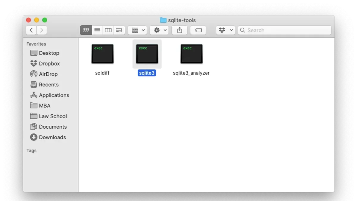 Mac screen displaying how to open.sqlite file on Mac with database tools