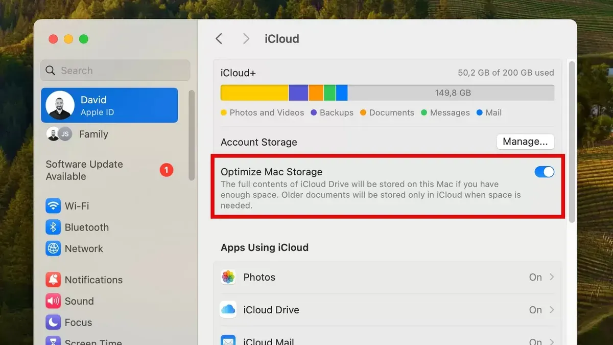 User optimizing Mac storage on MacBook using built-in storage management tools