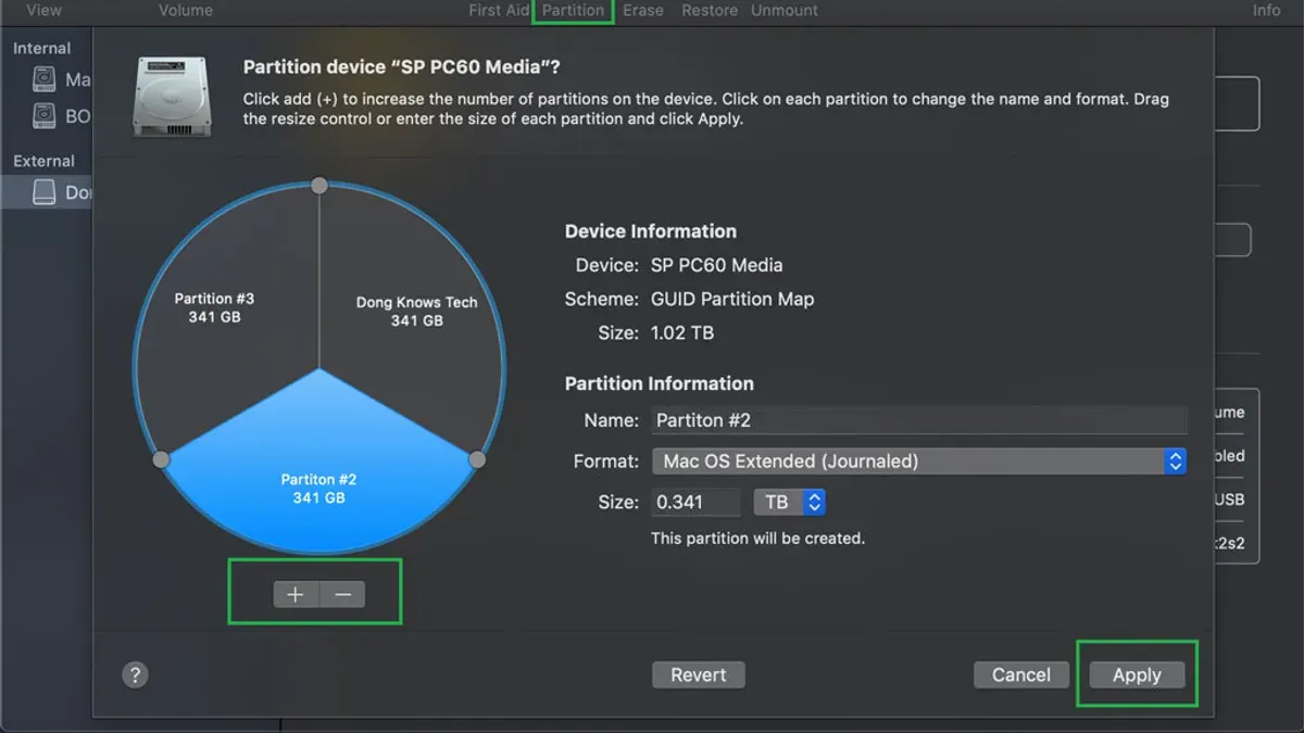 MacBook screen displaying how to partition a drive in Disk Utility on macOS