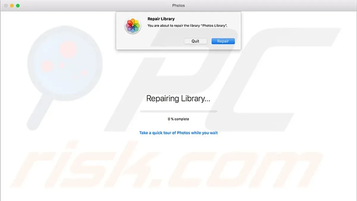 Mac screen displaying Photos library needs repair message with repair steps