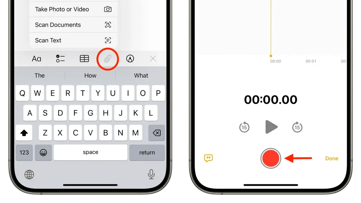 User recording audio in Notes in Notes app on an iPhone