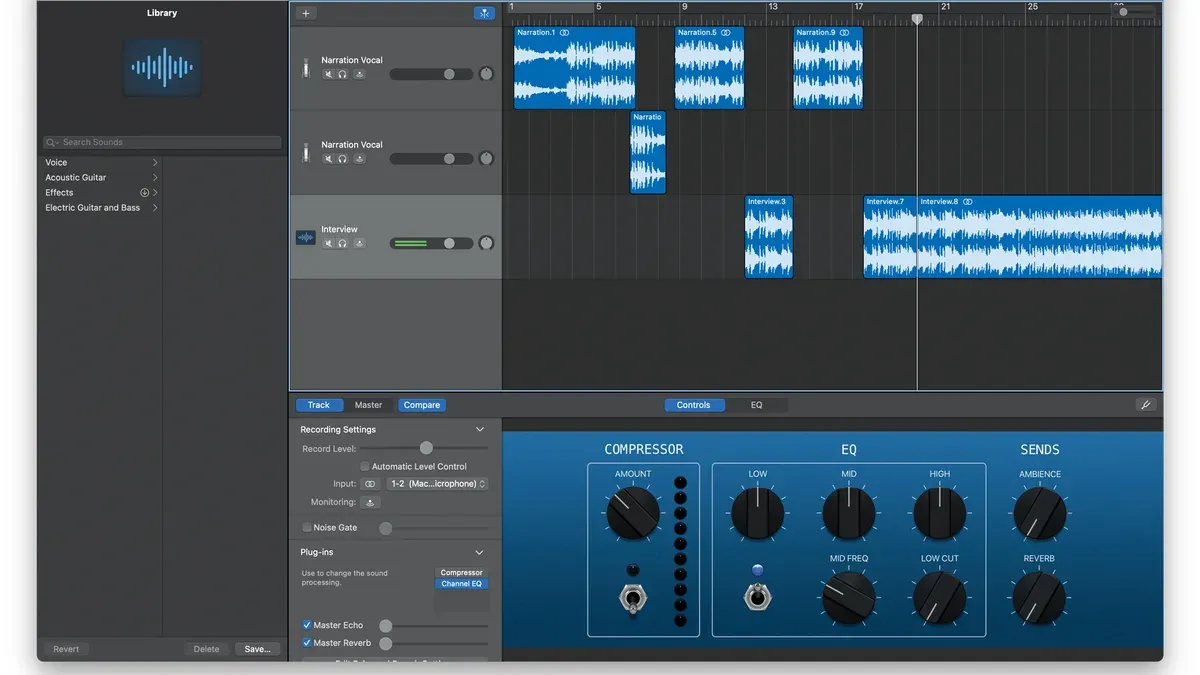 Person recording a podcast in GarageBand using a microphone and headphones