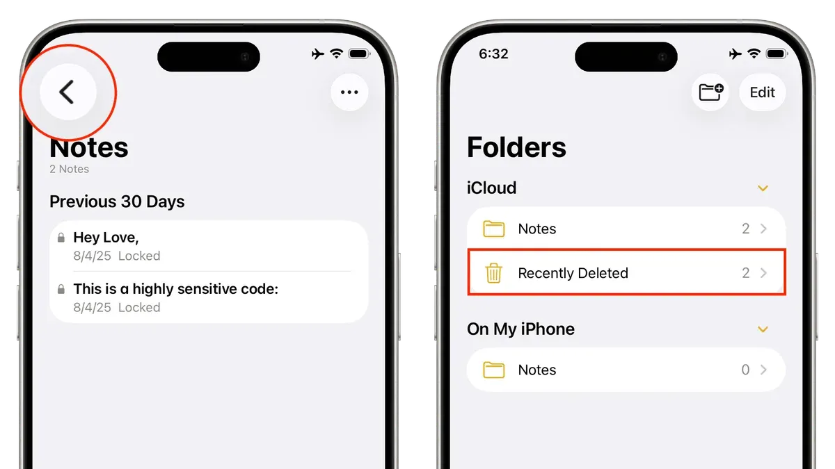 User recovering deleted notes in Notes app on smartphone
