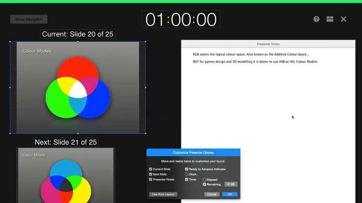 Person rehearsing a slideshow in Keynote using speaker notes on a laptop