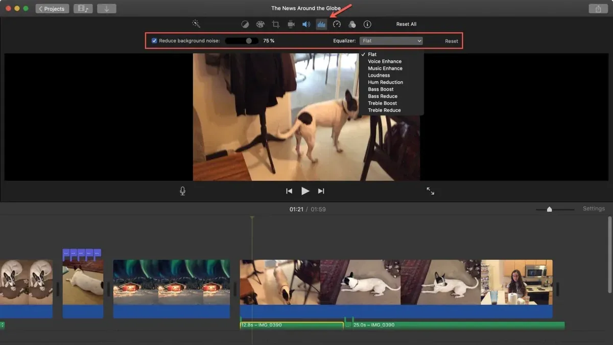 Person removing background noise in iMovie on laptop for clearer audio