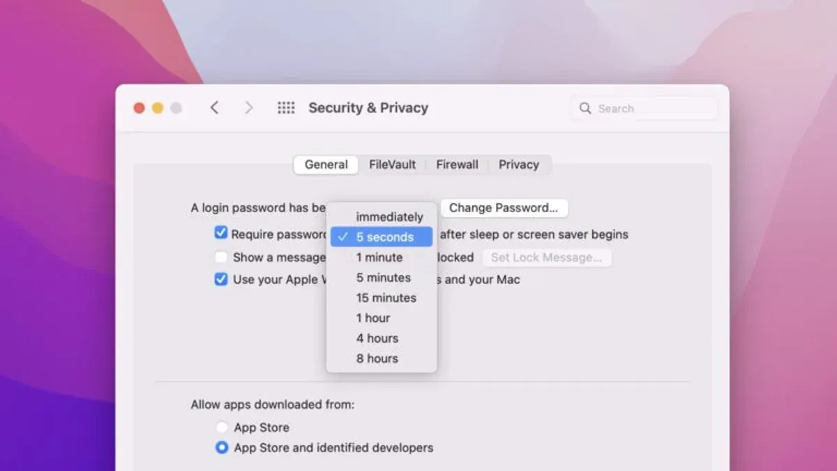 MacBook screen showing security settings on how to require password after sleep on Mac