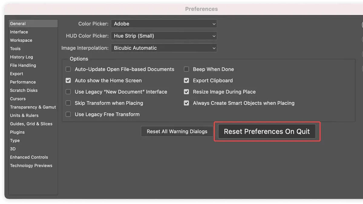 How to reset preferences in Photoshop on Mac displayed on a MacBook screen